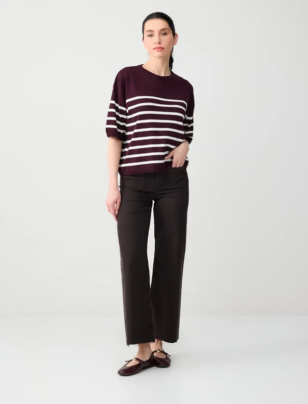 Bayan Bordo Bisiklet Yaka Dirsek Kol Çizgi Desenli Triko Bluz