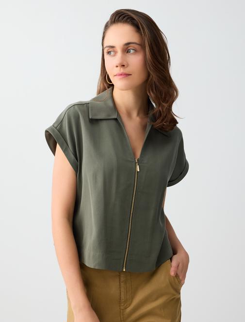 Oil Green Polo Collar Zipper Detail Woven Blouse Combination