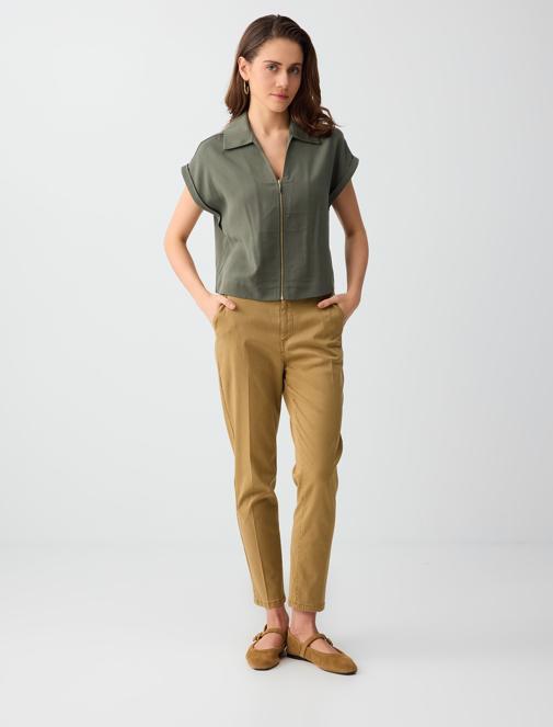 Oil Green Polo Collar Zipper Detail Woven Blouse Combination