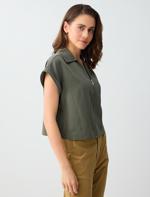 Oil Green Polo Collar Zipper Detail Woven Blouse Combination