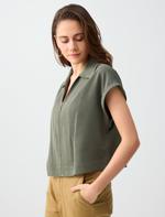 Oil Green Polo Collar Zipper Detail Woven Blouse Combination