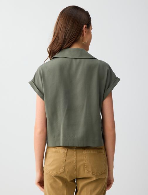 Oil Green Polo Collar Zipper Detail Woven Blouse Combination