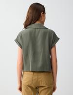 Oil Green Polo Collar Zipper Detail Woven Blouse Combination