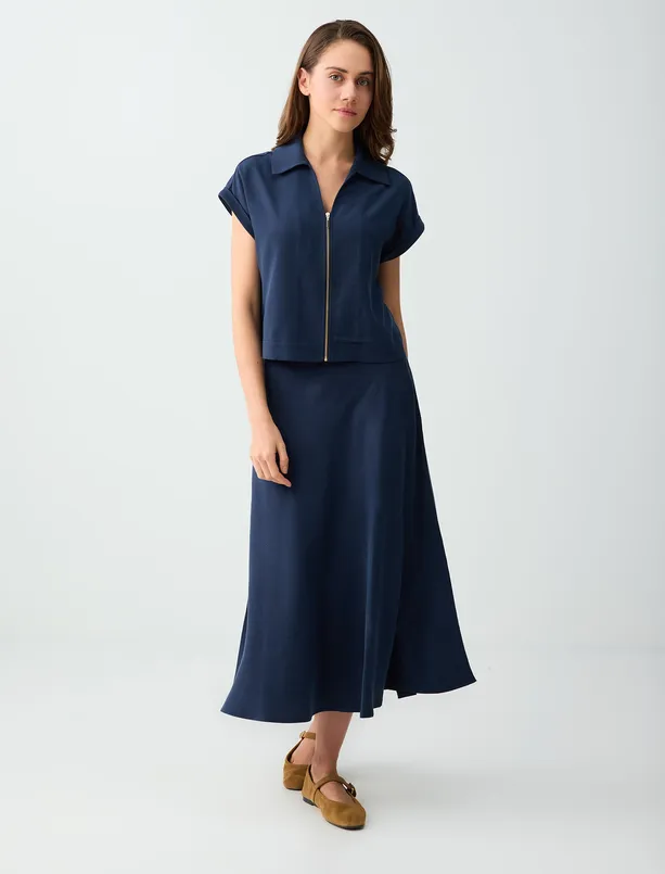 Bayan Lacivert Polo Yaka Fermuar Detaylı Dokuma Bluz