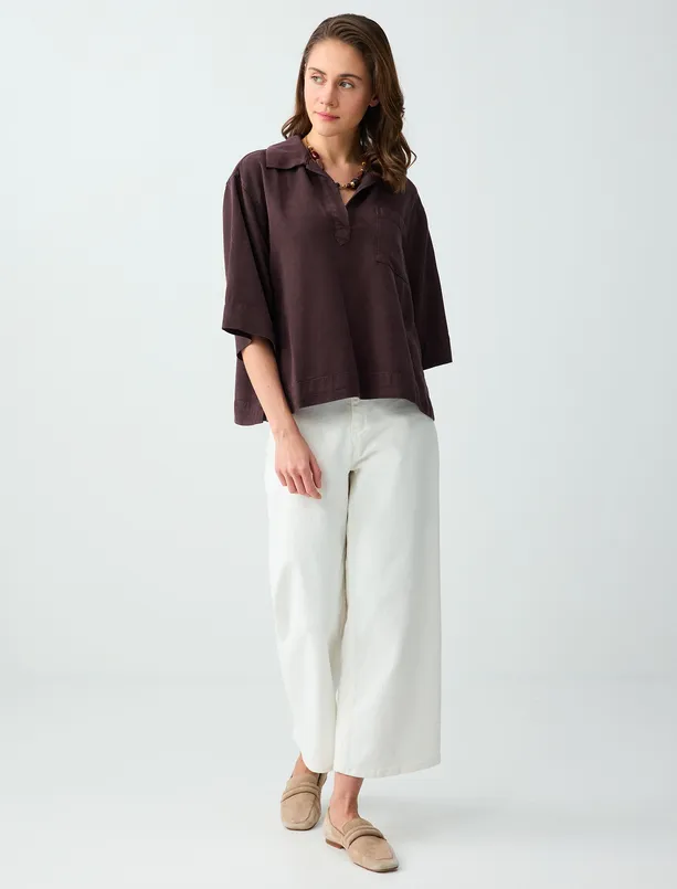 Bayan Kahverengi Polo Yaka Truvakar Kol Dokuma Bluz