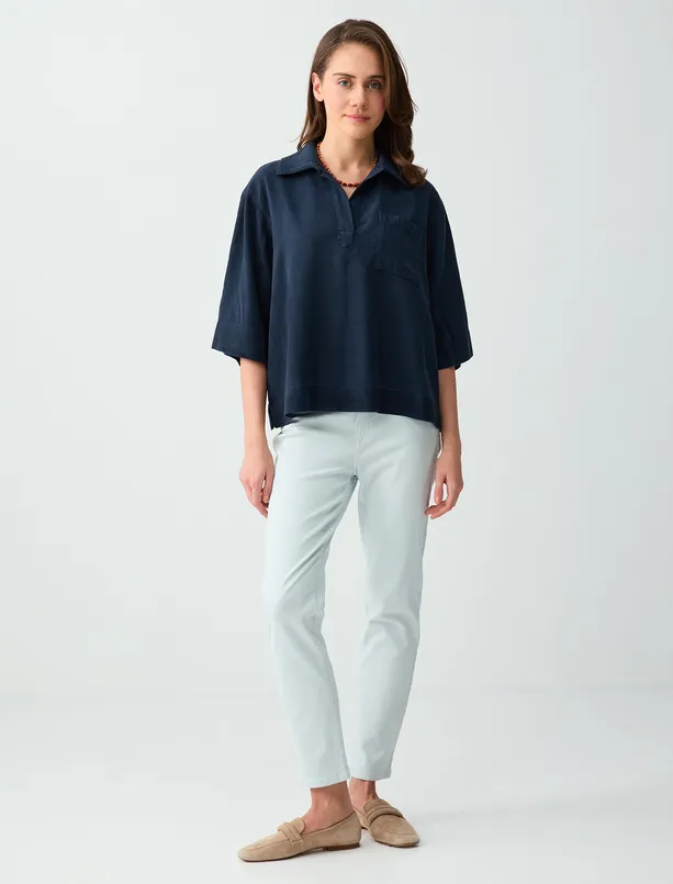 Bayan Lacivert Polo Yaka Truvakar Kol Dokuma Bluz