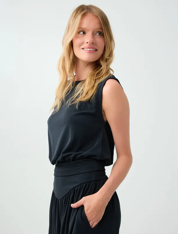 Women Black Round Neck Sleeveless Modal Knitted Blouse