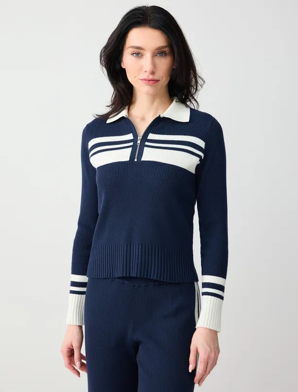 Bayan  Dar Kesim Polo Yaka Çizgi Desenli Triko Bluz