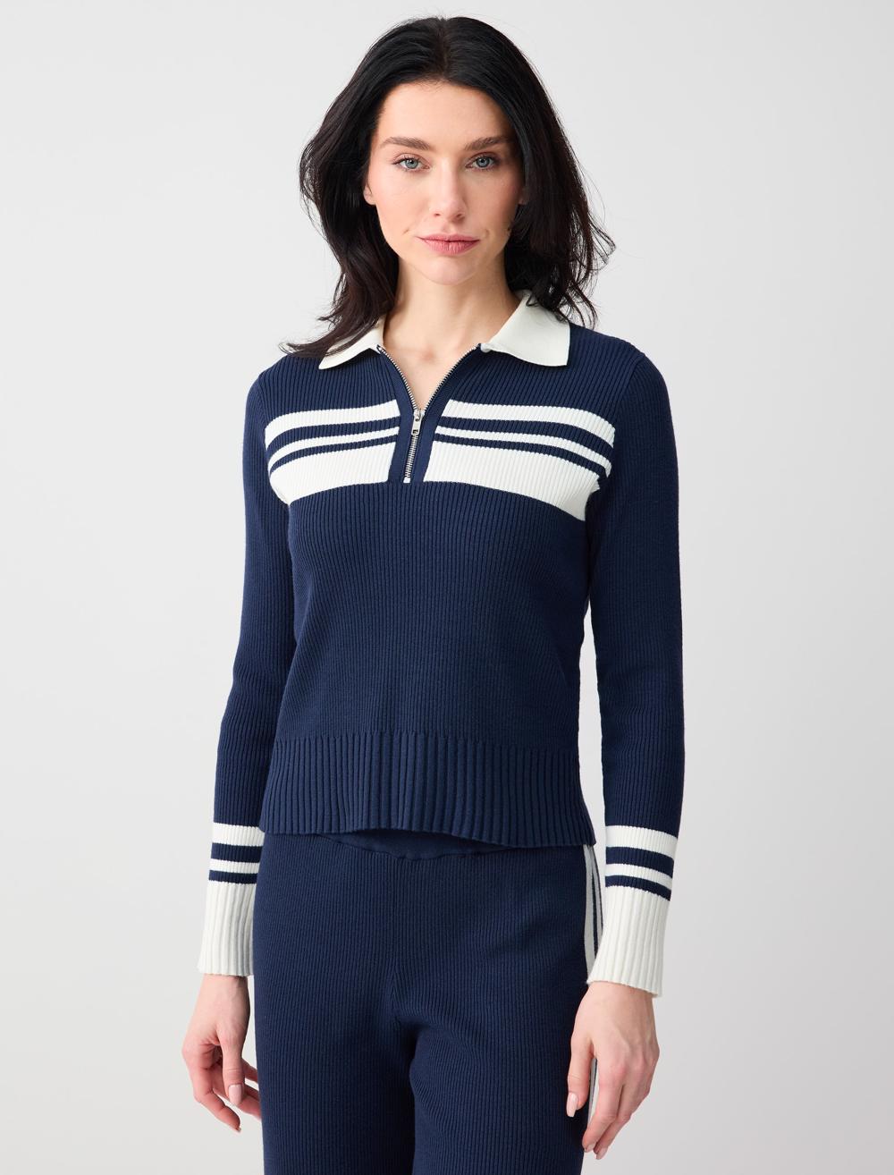 Dar Kesim Polo Yaka Çizgi Desenli Triko Bluz