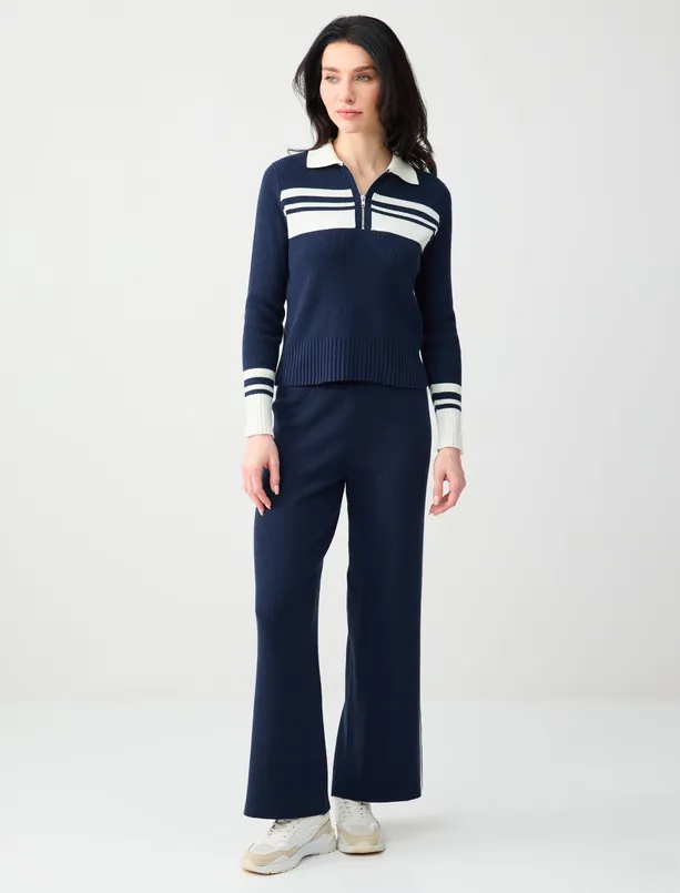 Bayan Lacivert Dar Kesim Polo Yaka Çizgi Desenli Triko Bluz