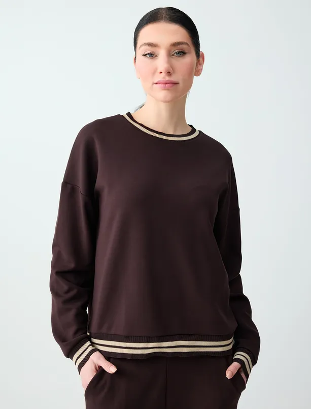 Bayan  Bisiklet Yaka Uzun Kollu Çizgi Detaylı Örme Bluz