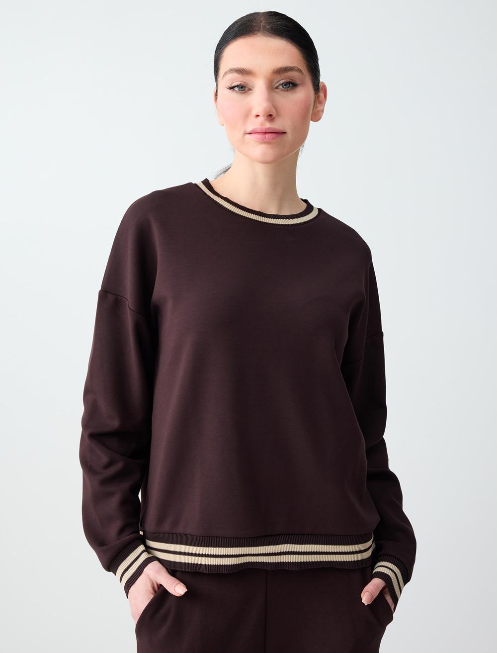 Bisiklet Yaka Uzun Kollu Çizgi Detaylı Örme Bluz