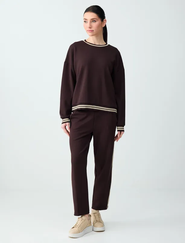 Bayan Kahverengi Bisiklet Yaka Uzun Kollu Çizgi Detaylı Örme Bluz