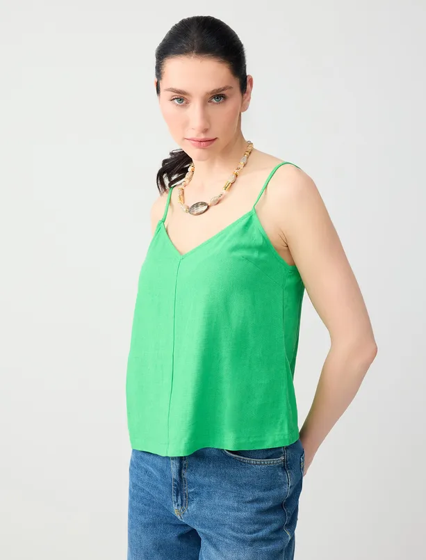 Bayan  V Yaka Askılı Keten Karışımlı Dokuma Bluz