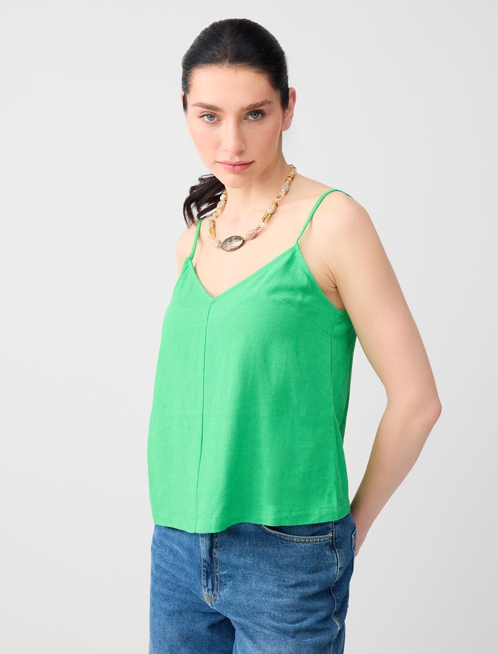 V Yaka Askılı Keten Karışımlı Dokuma Bluz