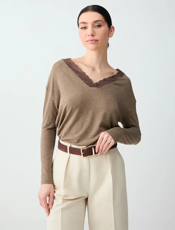 Bayan Bej Melanj Rahat Kesim V Yaka Dantel Detaylı Örme Bluz