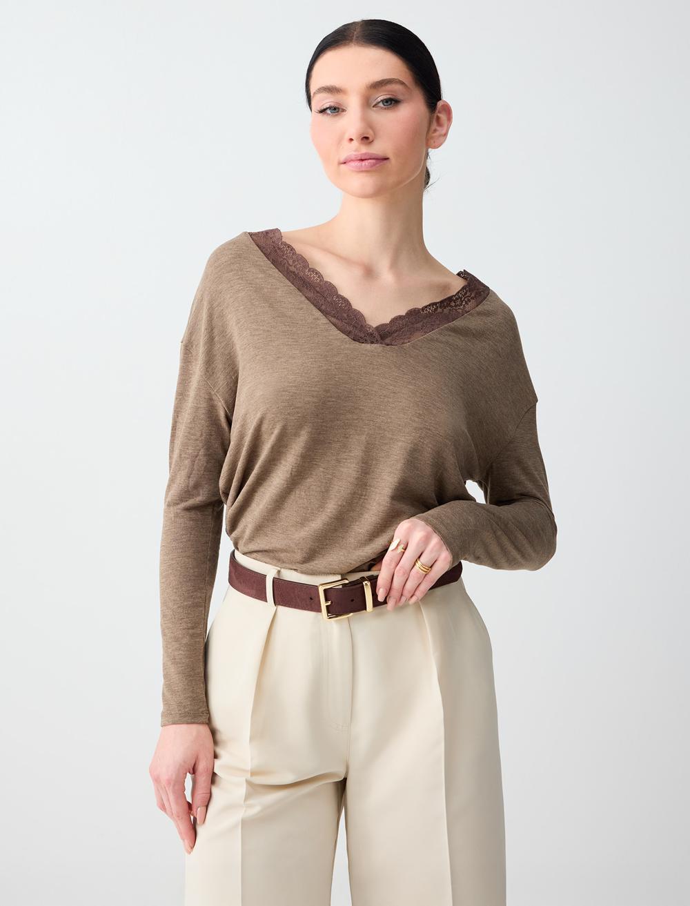 Rahat Kesim V Yaka Dantel Detaylı Örme Bluz