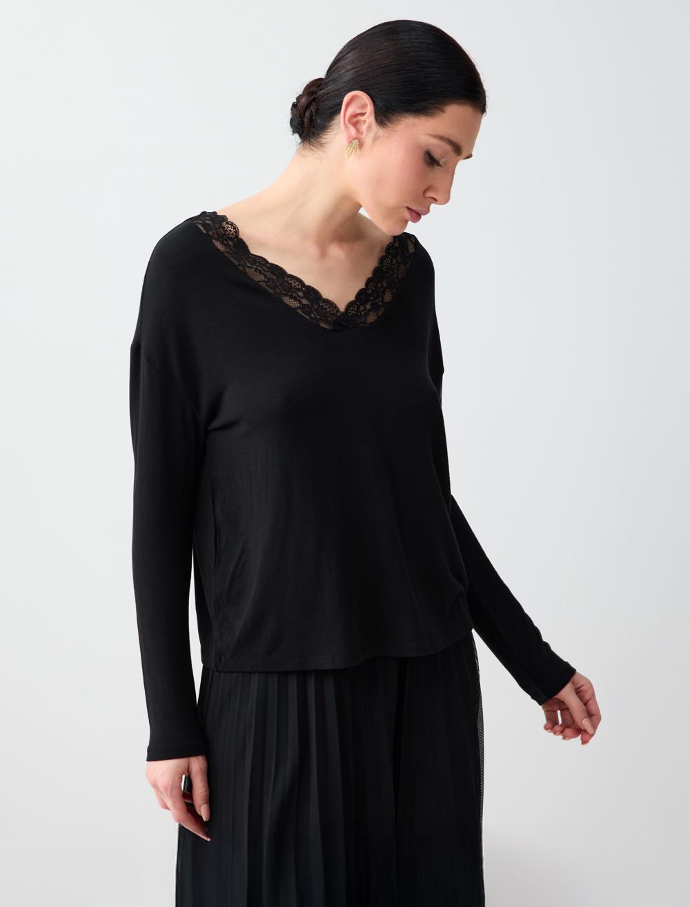 Rahat Kesim V Yaka Dantel Detaylı Örme Bluz