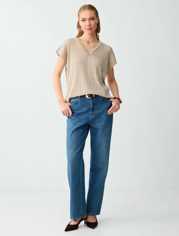 Bayan Bej Melanj V Yaka Düşük Omuz Rahat Kesim Triko Bluz