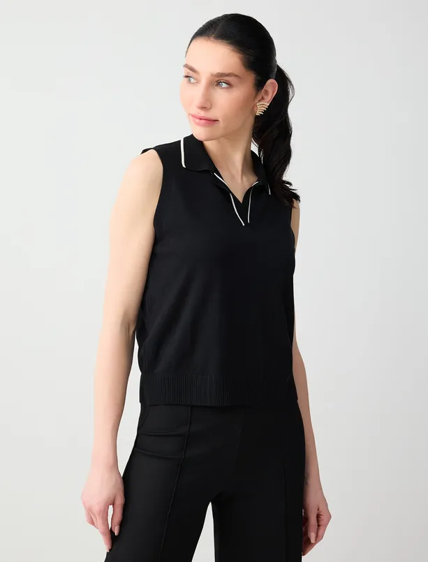 Bayan Siyah Düz Kesim Polo Yaka Kolsuz Triko Bluz