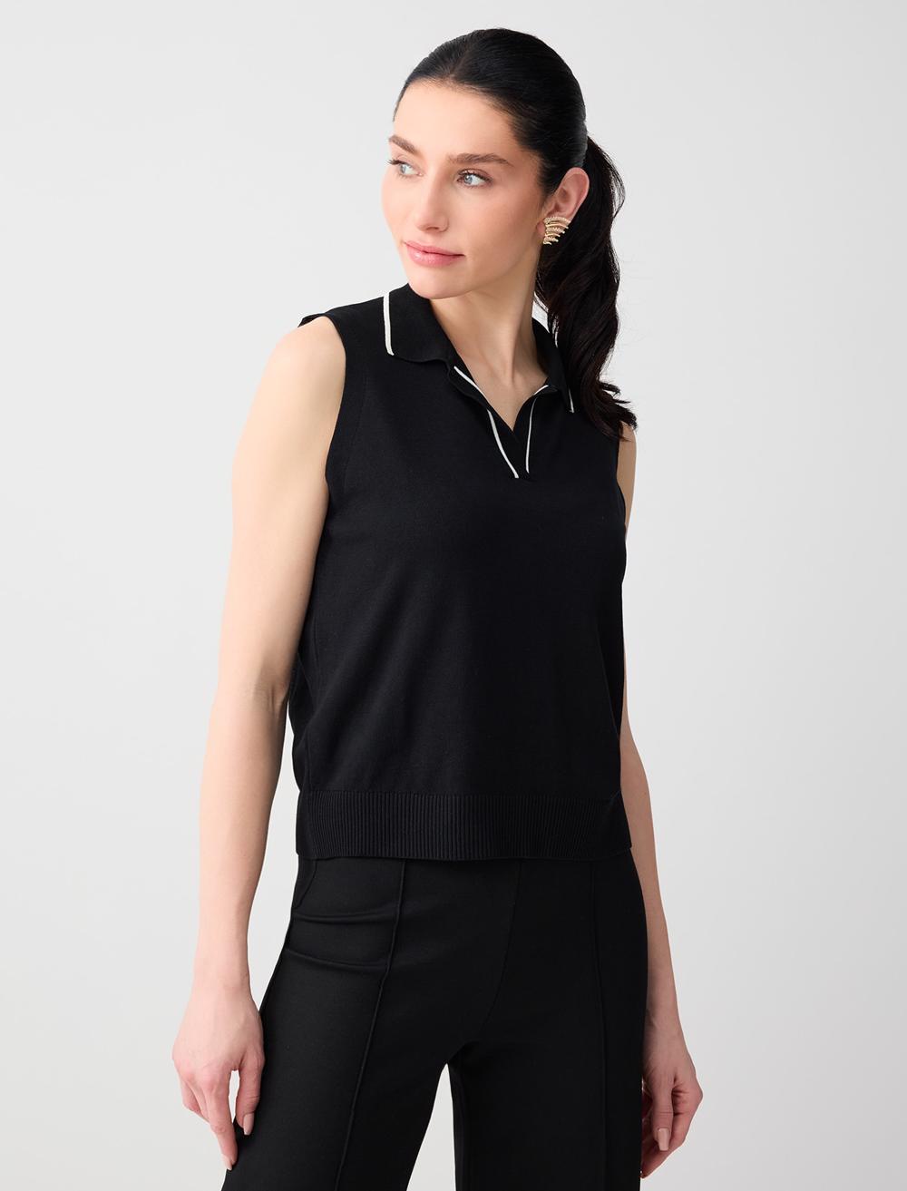 Düz Kesim Polo Yaka Kolsuz Triko Bluz