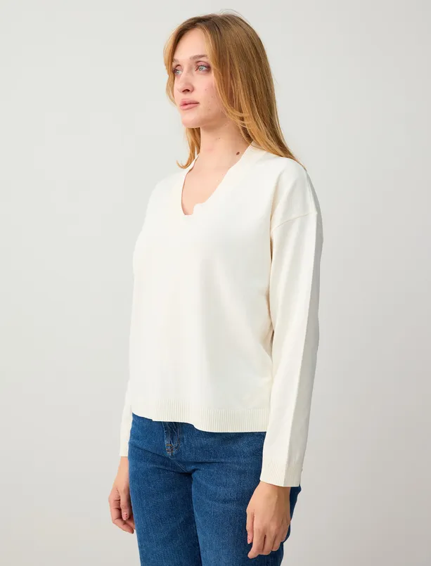 Women Ecru Relaxed Fit V Neck Long Sleeve Sweater Blouse