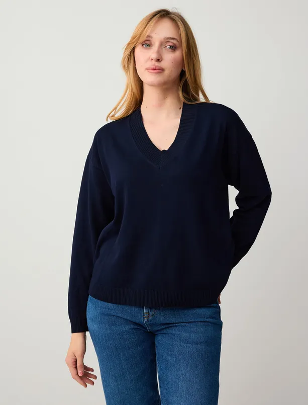 Bayan  Rahat Kesim V Yaka Uzun Kollu Triko Bluz