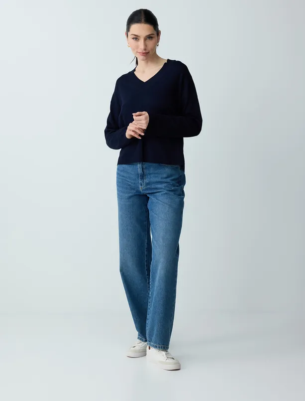 Bayan Lacivert Rahat Kesim V Yaka Uzun Kollu Triko Bluz