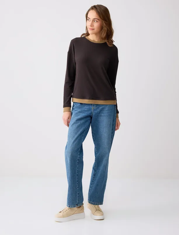 Bayan Kahverengi Bisiklet Yaka Uzun Kollu Yumuşak Dokulu Bluz