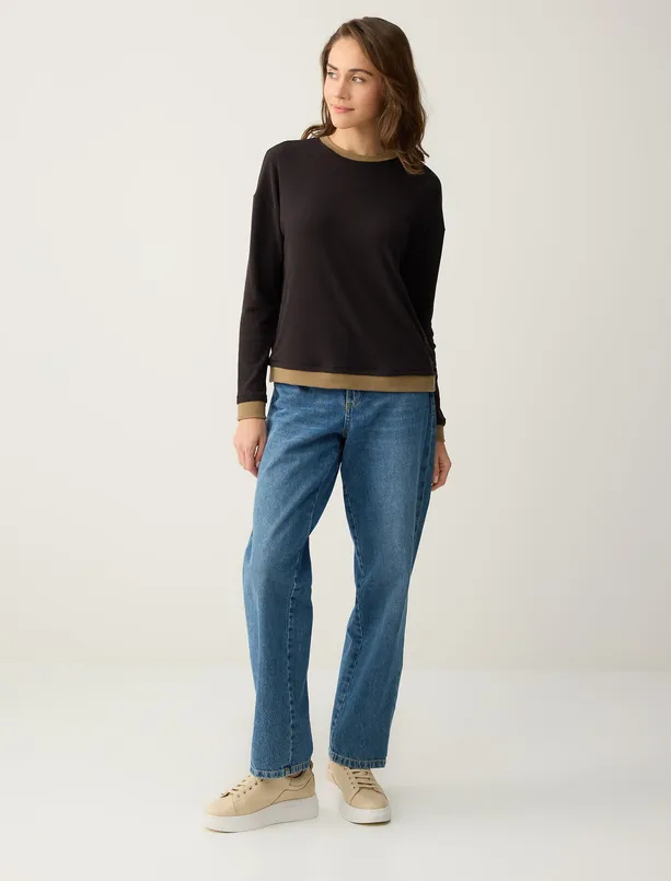 Bayan Kahverengi Bisiklet Yaka Uzun Kollu Yumuşak Dokulu Bluz