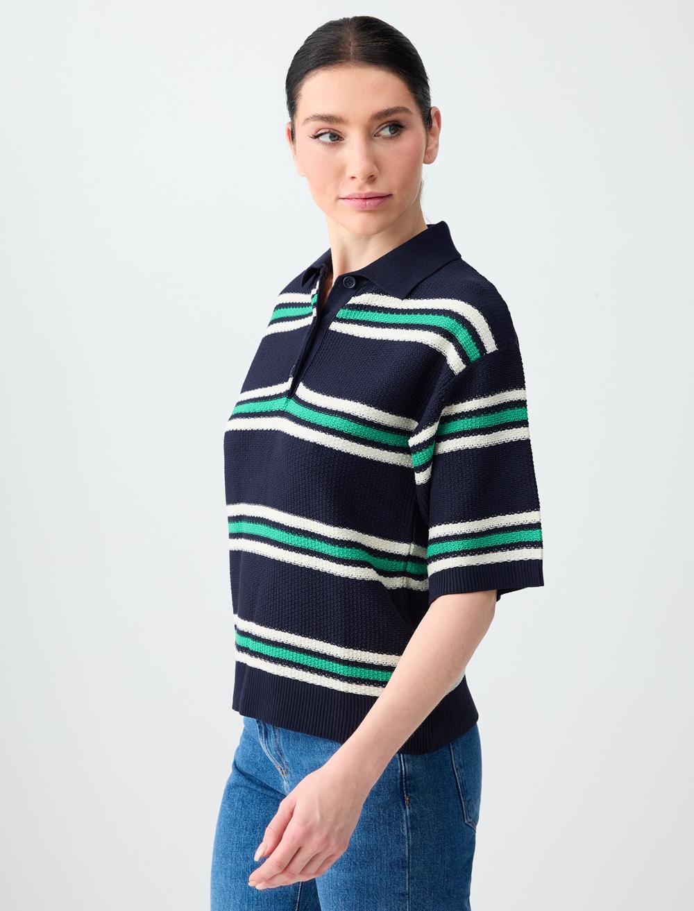 Polo Yaka Kısa Kollu Çizgili Triko Bluz