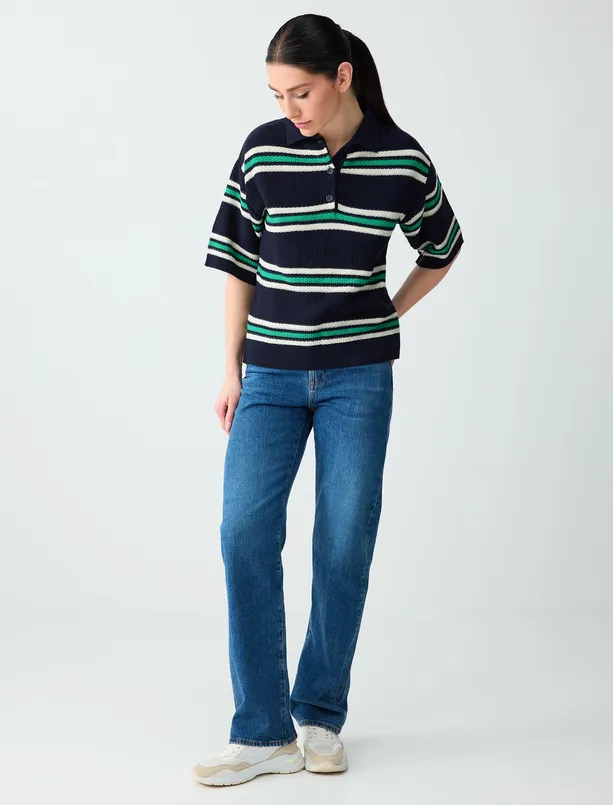 Bayan Lacivert Polo Yaka Kısa Kollu Çizgili Triko Bluz