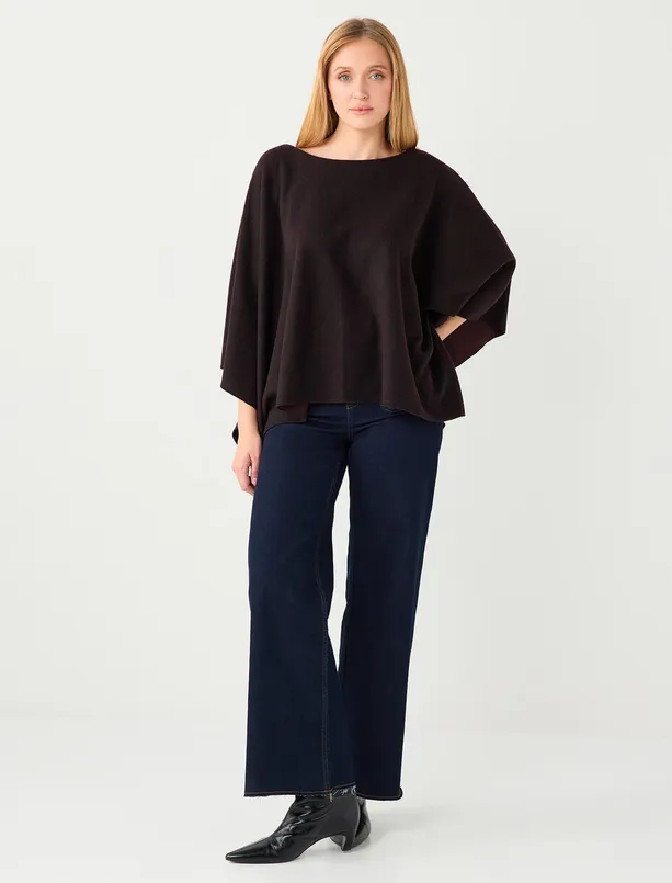 Women Brown Boat Neck Bat Sleeve Soft Textured Blouse