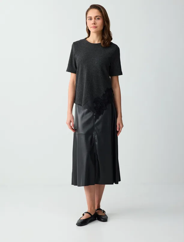 Bayan Antrasit Melanj Yumuşak Dokulu Nakış İşlemeli Örme Bluz