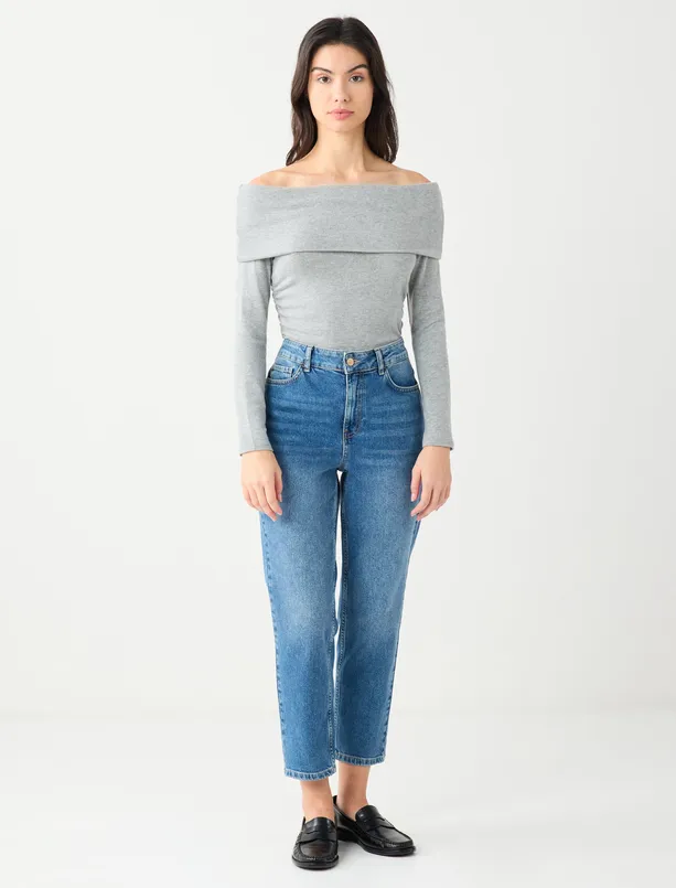 Women Anthracite Slim Fit Boat Neck Long Sleeve Modal Knitted Blouse