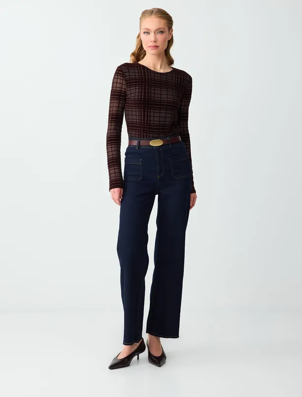 Bayan Kahverengi Bisiklet Yaka Ekose Desenli Mesh Örme Bluz