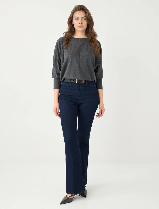 Bayan Antrasit Melanj Rahat Kesim Yarasa Kol Sıfır Yaka Örme Bluz