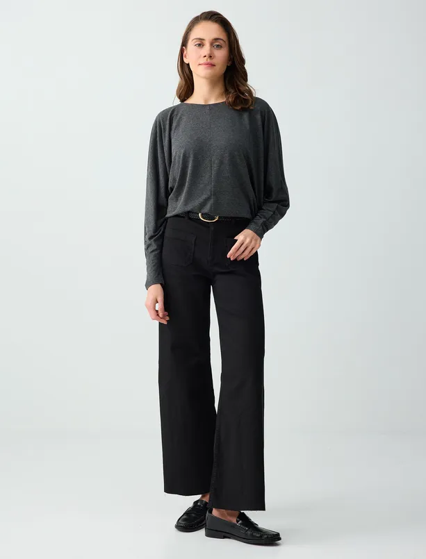 Bayan Antrasit Melanj Rahat Kesim Yarasa Kol Sıfır Yaka Örme Bluz