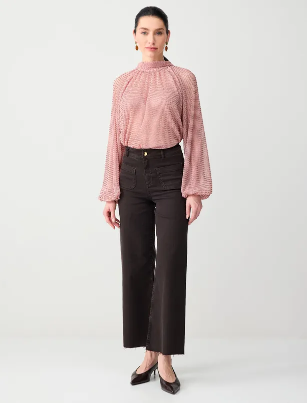 Bayan Pembe Uzun Kollu Boyundan Bağlı Rahat Kesim Mesh Örme Bluz