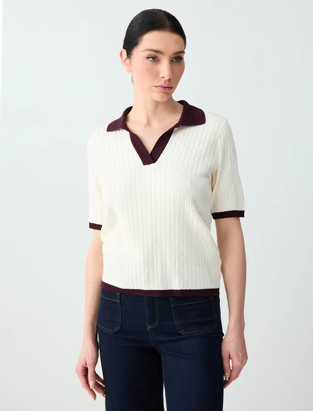 Bayan Ekru Polo Yaka Kısa Kollu Triko Bluz