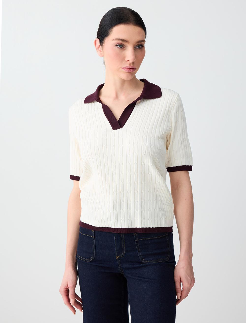 Polo Yaka Kısa Kollu Triko Bluz