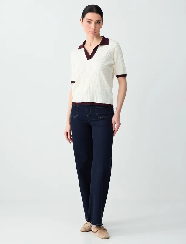 Bayan Ekru Polo Yaka Kısa Kollu Triko Bluz