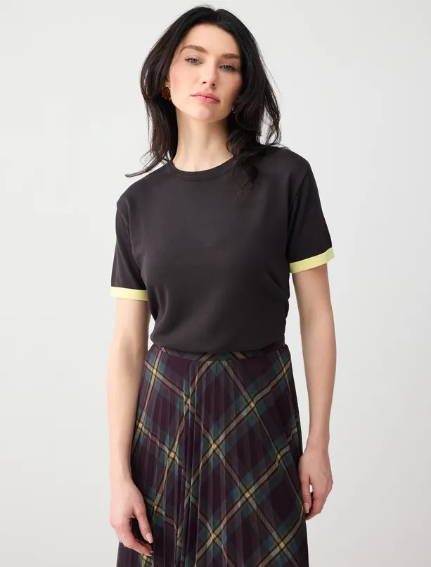 Bayan Kahverengi Bisiklet Yaka Kısa Kollu Triko Bluz