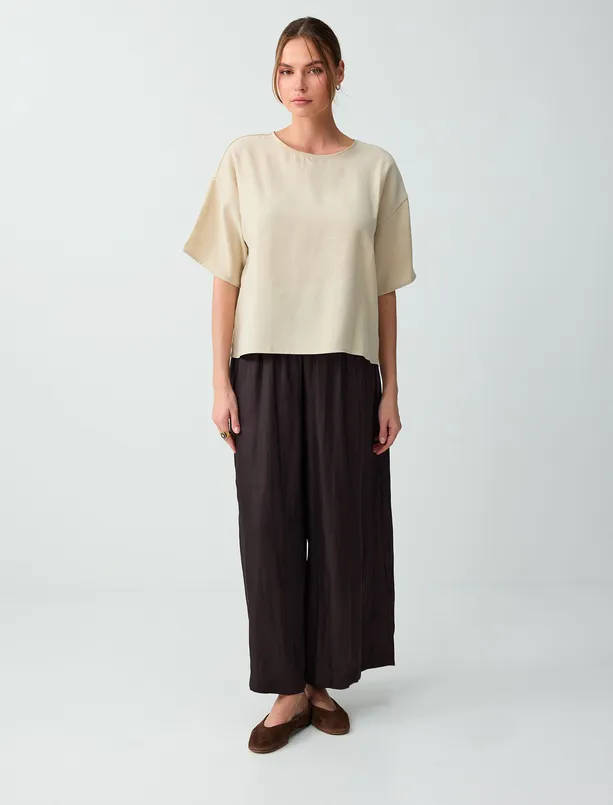 Bayan Vizon Rahat Kesim Kısa Kollu Yuvarlak Yaka Dokuma Bluz