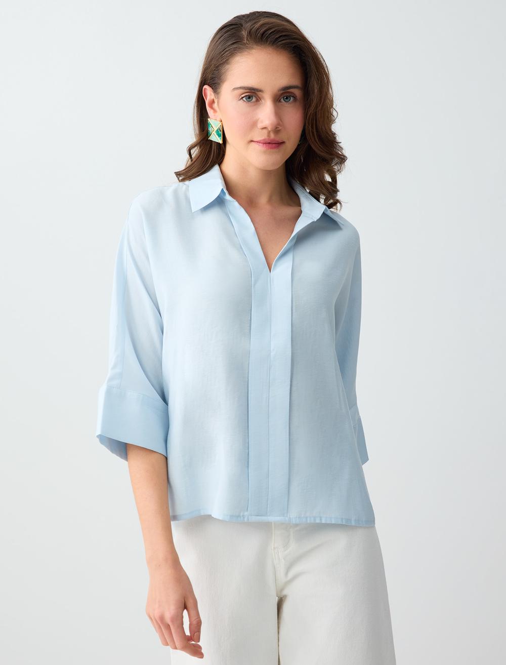 Gömlek Yaka Truvakar Kol Modal Dokuma Bluz