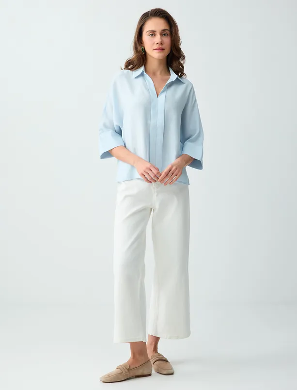 Bayan Mavi Gömlek Yaka Truvakar Kol Modal Dokuma Bluz