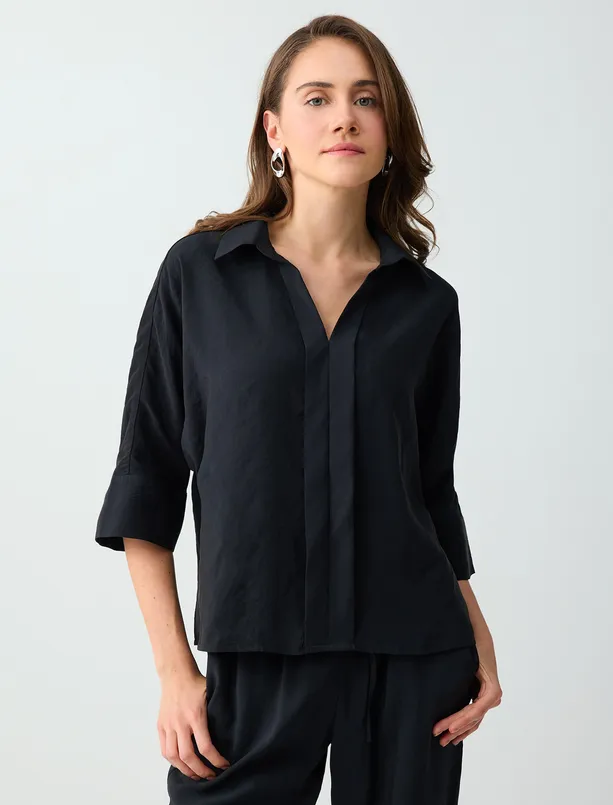 Bayan  Gömlek Yaka Truvakar Kol Modal Dokuma Bluz