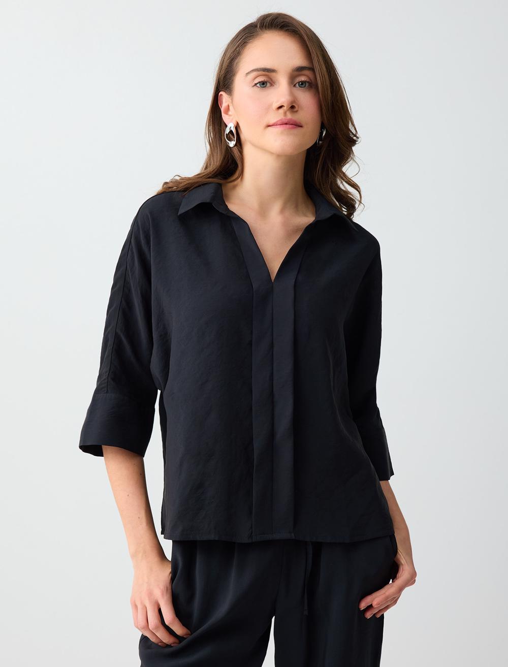 Gömlek Yaka Truvakar Kol Modal Dokuma Bluz