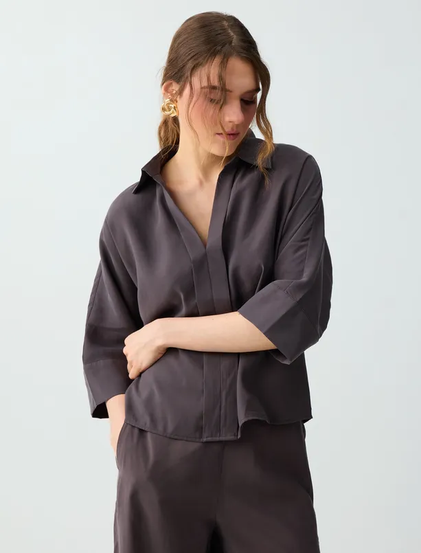 Bayan  Gömlek Yaka Truvakar Kol Modal Dokuma Bluz