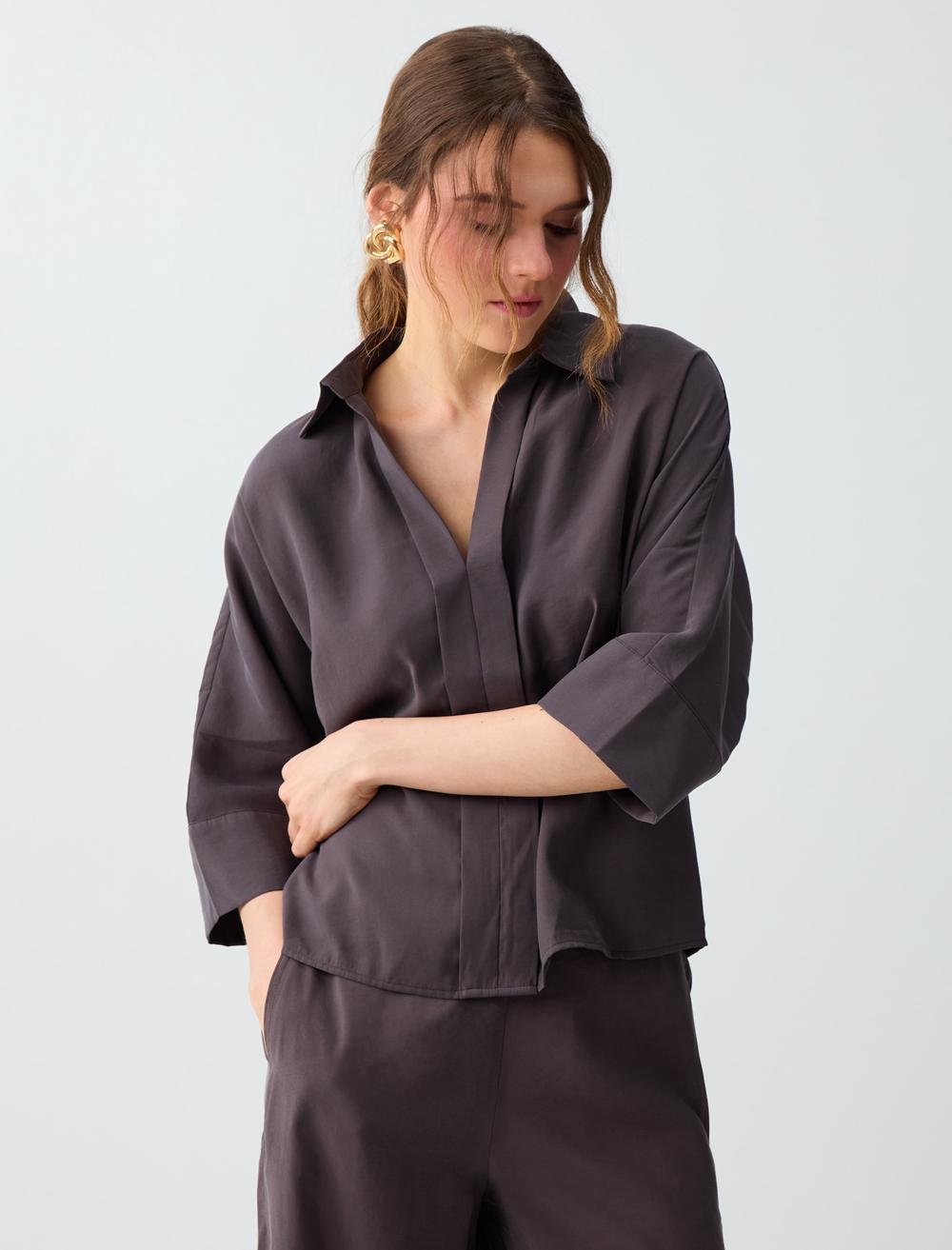 Gömlek Yaka Truvakar Kol Modal Dokuma Bluz